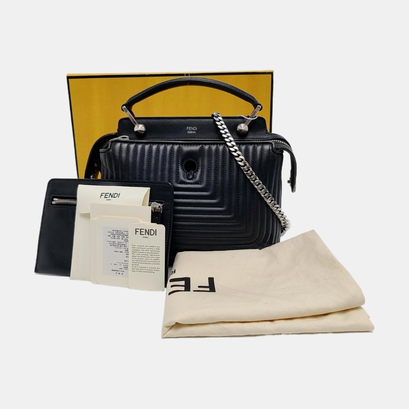 FENDI Dotcom黑色牛皮絎縫單肩包斜挎包銀色五金子袋可拆卸肩帶配件齊全-7