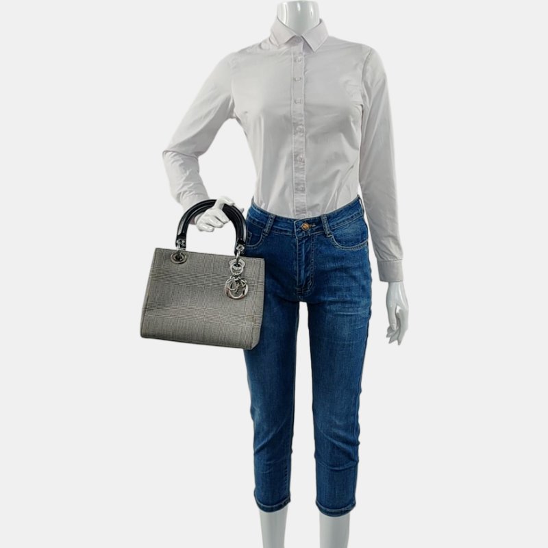 DIOR Lady Dior中號灰色帆布戴妃包手提包銀色五金-1