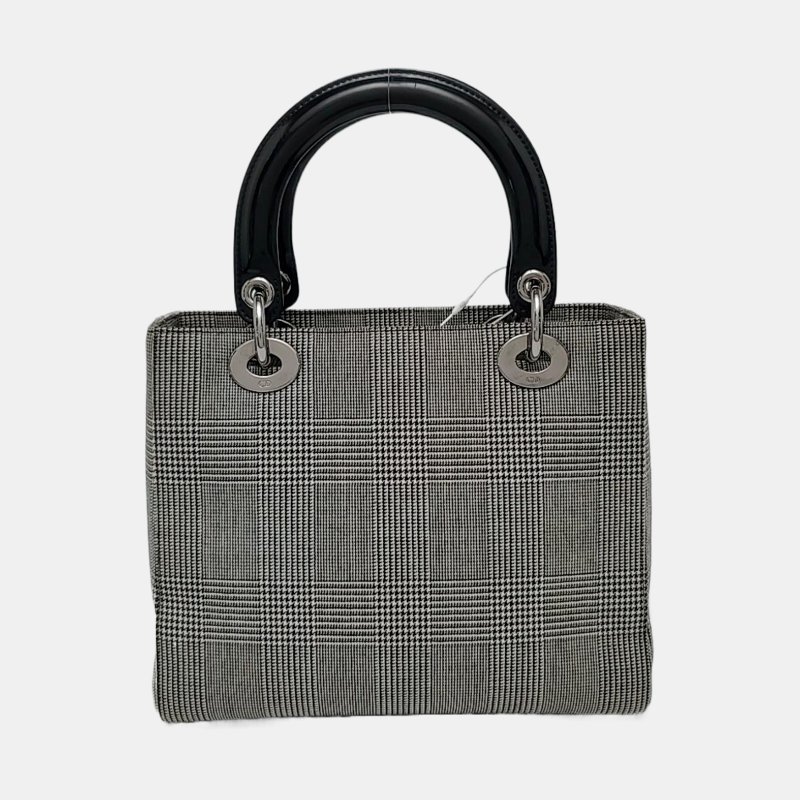 DIOR Lady Dior中號灰色帆布戴妃包手提包銀色五金-4