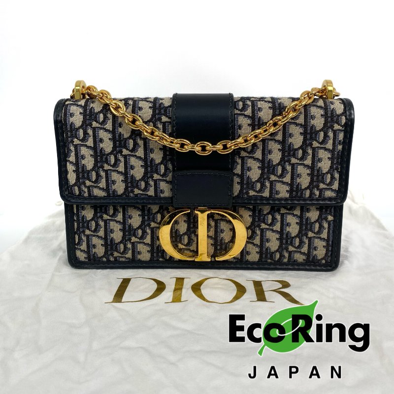 △ Dior 迪奧 Navy And Beige Canvas 30 Montaigne Oblique Chain Shoulder Bag 深藍色和淺褐色帆布鎖鏈肩背袋 - 257027149-0