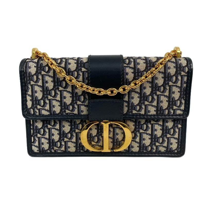 △ Dior 迪奧 Navy And Beige Canvas 30 Montaigne Oblique Chain Shoulder Bag 深藍色和淺褐色帆布鎖鏈肩背袋 - 257027149-1