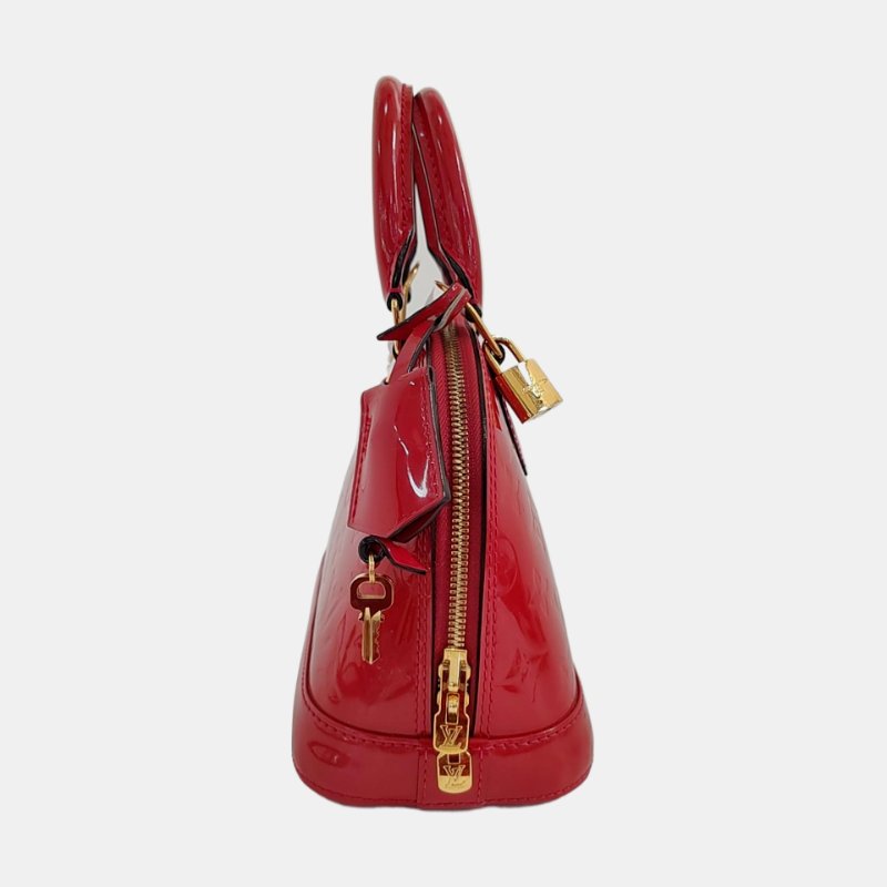 LOUIS VUITTON ALMA BB 紅色漆皮老花壓紋貝殼包單肩包手提包斜挎包金色五金可拆卸肩帶-3