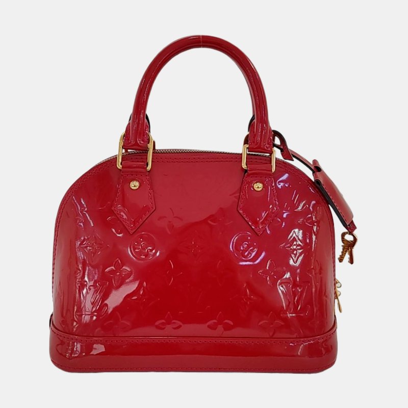 LOUIS VUITTON ALMA BB 紅色漆皮老花壓紋貝殼包單肩包手提包斜挎包金色五金可拆卸肩帶-4