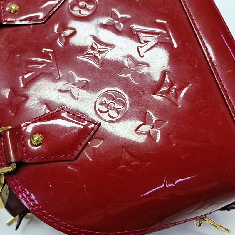 LOUIS VUITTON ALMA BB 紅色漆皮老花壓紋貝殼包單肩包手提包斜挎包金色五金可拆卸肩帶-8