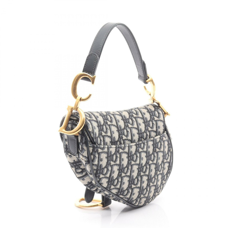 Christian Dior 迷你馬鞍肩手提包，斜紋提花皮革，海軍藍，二手-1