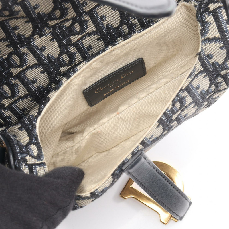 Christian Dior 迷你馬鞍肩手提包，斜紋提花皮革，海軍藍，二手-2