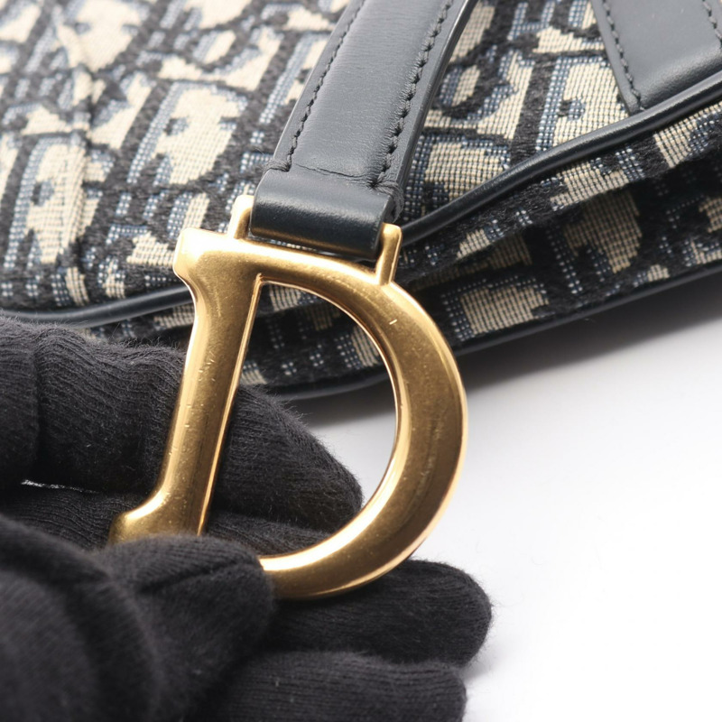 Christian Dior 迷你馬鞍肩手提包，斜紋提花皮革，海軍藍，二手-4