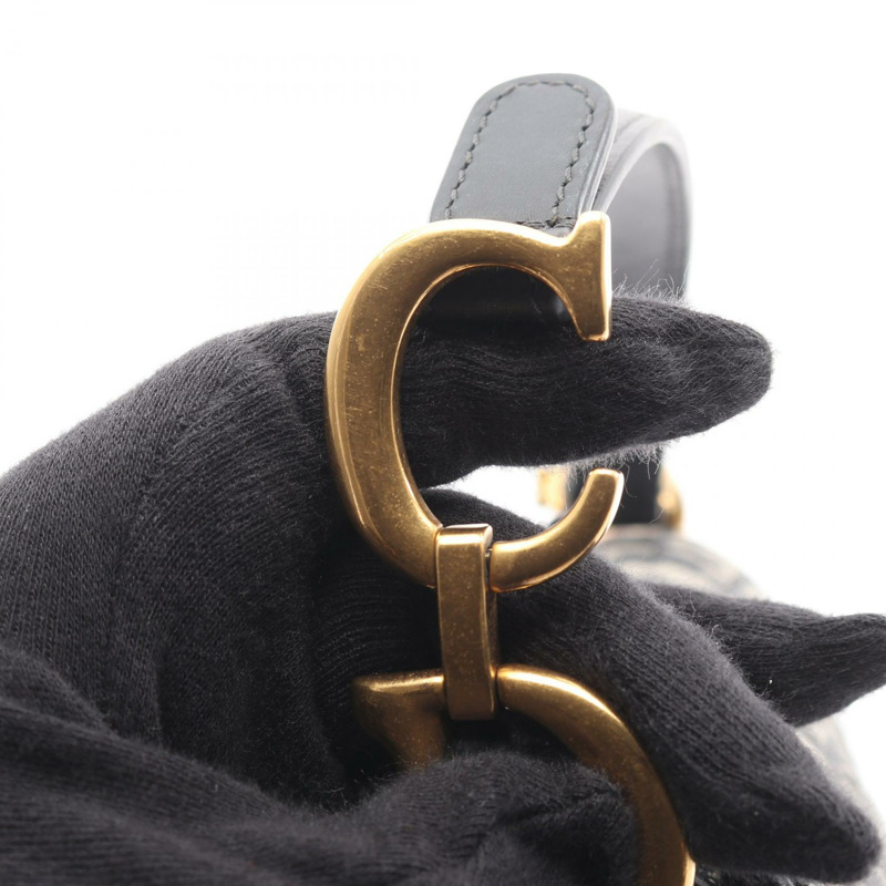 Christian Dior 迷你馬鞍肩手提包，斜紋提花皮革，海軍藍，二手-5