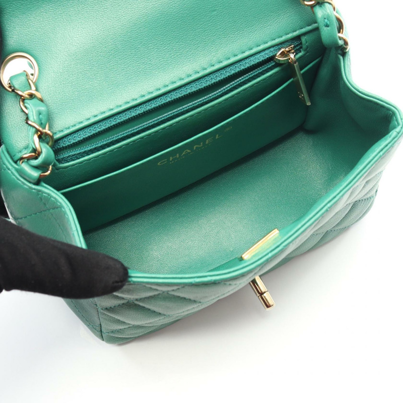 香奈兒迷你絎縫鏈條肩背斜背包 A35200 皮革 綠色 金色五金 二手-2
