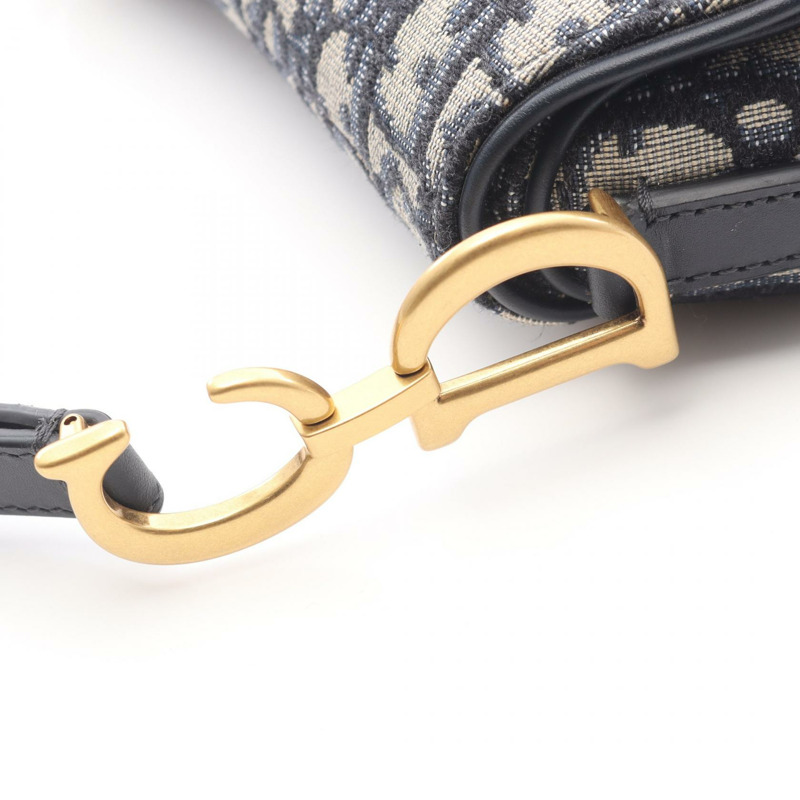 Christian Dior 迷你馬鞍形提花手提包，帆布皮革，海軍藍，二手-5