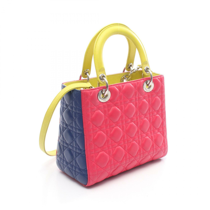 Christian Dior LADY DIOR Cannage 肩背包，皮革材質，粉紅色、黃色、藍色，二手-1