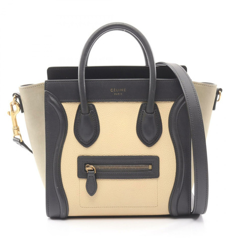 CELINE Luggage Nano Shopper 單肩斜背包，米色/黑色皮革，二手