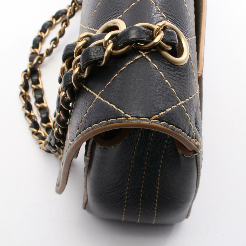 香奈兒 (CHANEL) 絎縫雙蓋鏈條肩背包，黑色皮革，金色五金，二手女款-9