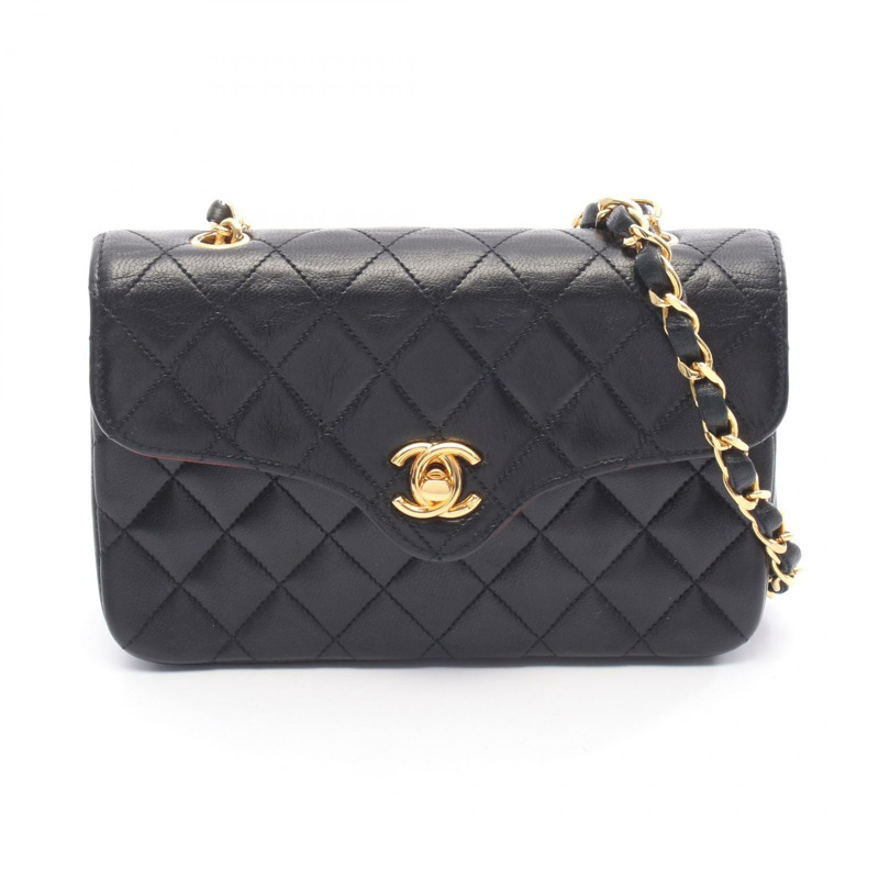 香奈兒迷你絎縫斜背包，羊皮材質，黑色，金色五金，二手-0