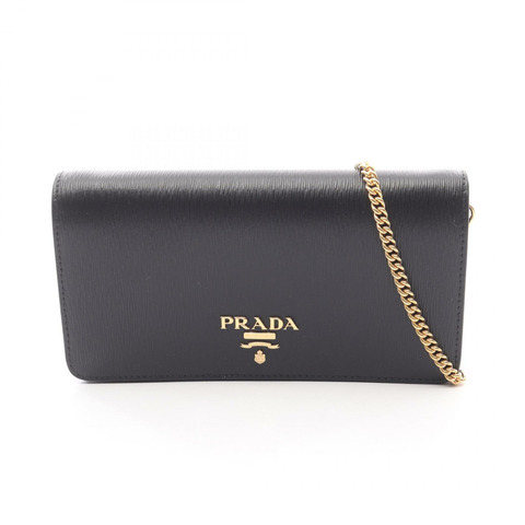 PRADA VITELLO MOVE 鏈條肩背斜背包皮夾 1DH044 黑色皮革 二手