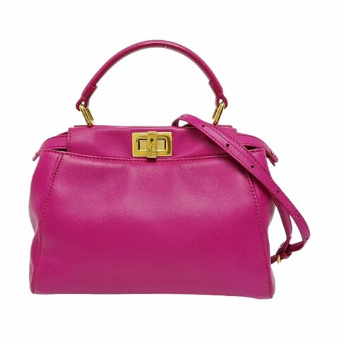 FENDI Peekaboo迷你玫紅色羊皮單肩包手提包斜挎包金色五金可拆卸肩帶
