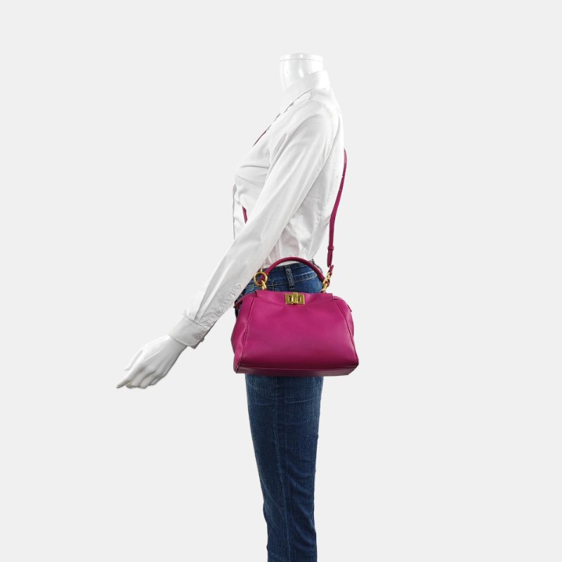 FENDI Peekaboo迷你玫紅色羊皮單肩包手提包斜挎包金色五金可拆卸肩帶-1