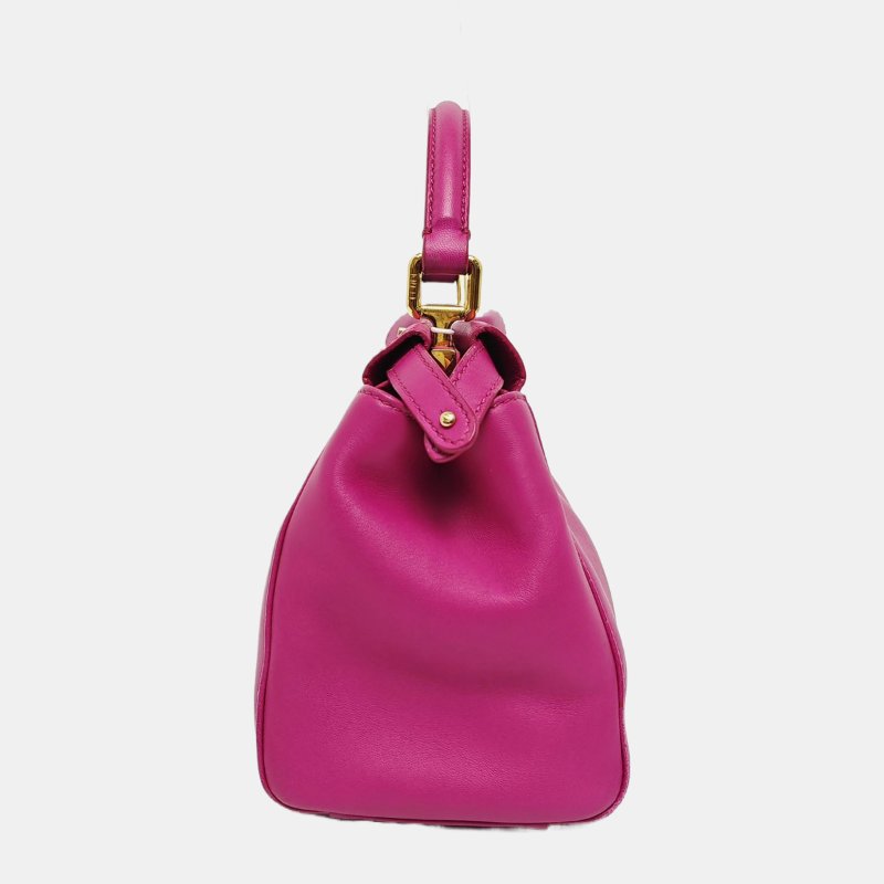 FENDI Peekaboo迷你玫紅色羊皮單肩包手提包斜挎包金色五金可拆卸肩帶-2