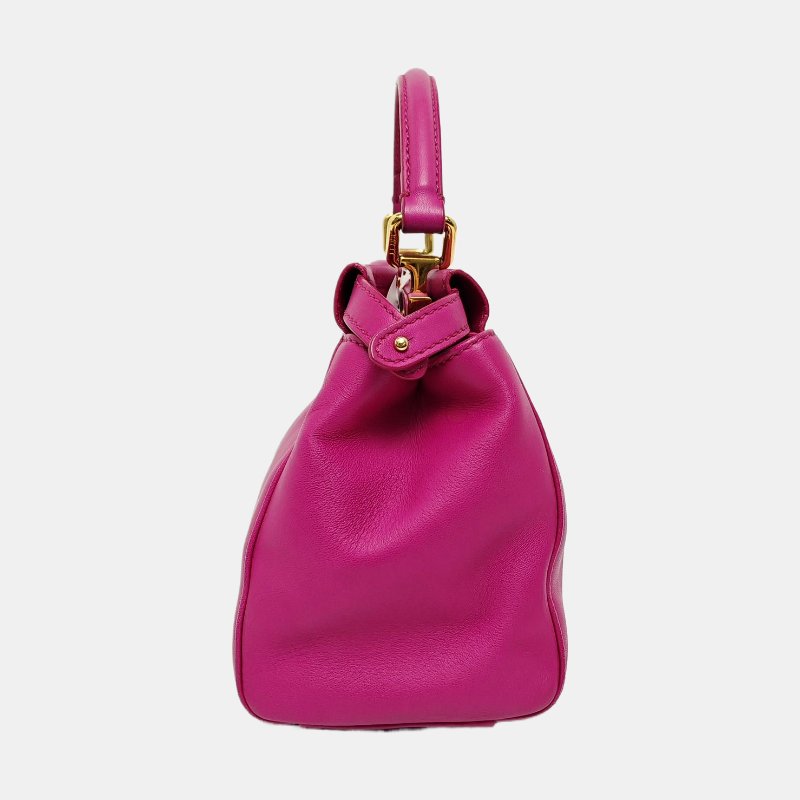 FENDI Peekaboo迷你玫紅色羊皮單肩包手提包斜挎包金色五金可拆卸肩帶-3