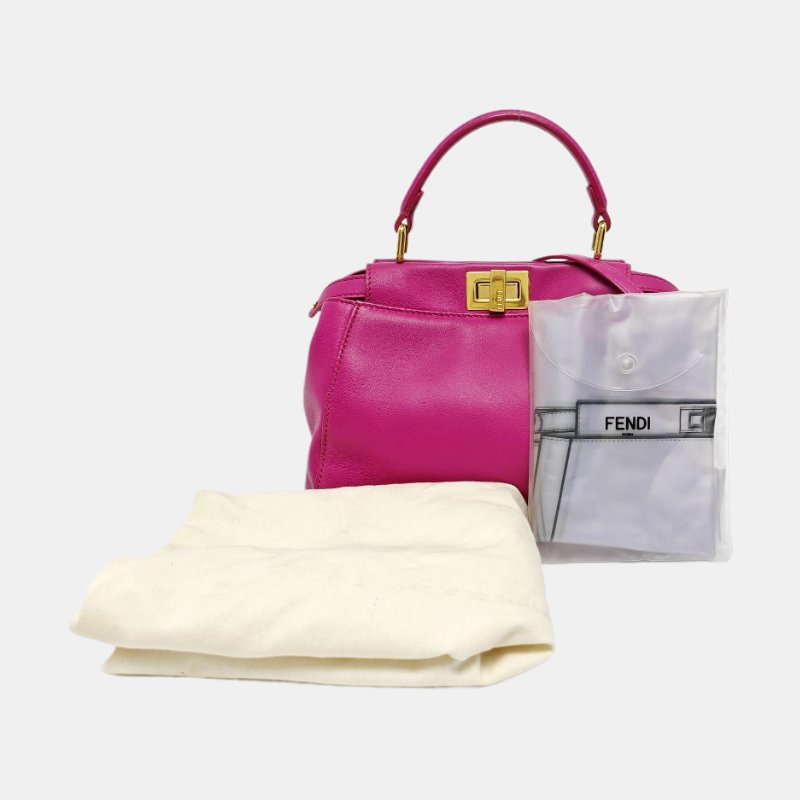 FENDI Peekaboo迷你玫紅色羊皮單肩包手提包斜挎包金色五金可拆卸肩帶-7