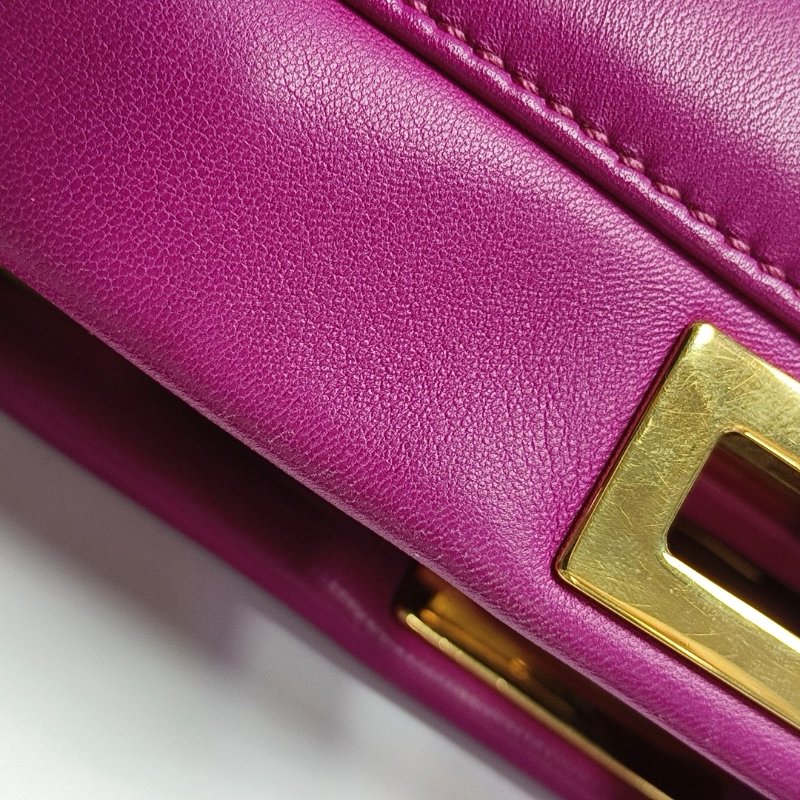 FENDI Peekaboo迷你玫紅色羊皮單肩包手提包斜挎包金色五金可拆卸肩帶-13