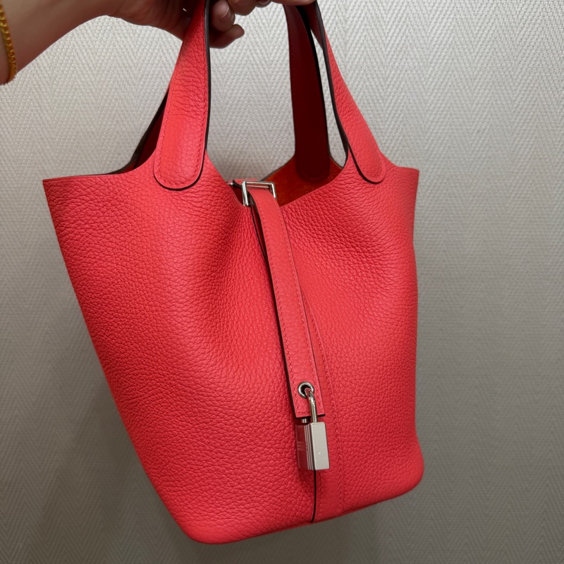 Hermes 0E德克薩斯粉Clemence皮拼5E硃砂紅Swift皮銀釦Picotin 18-0