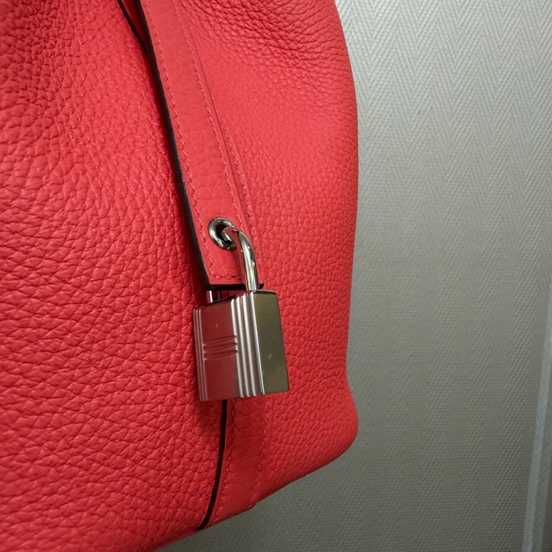 Hermes 0E德克薩斯粉Clemence皮拼5E硃砂紅Swift皮銀釦Picotin 18-1