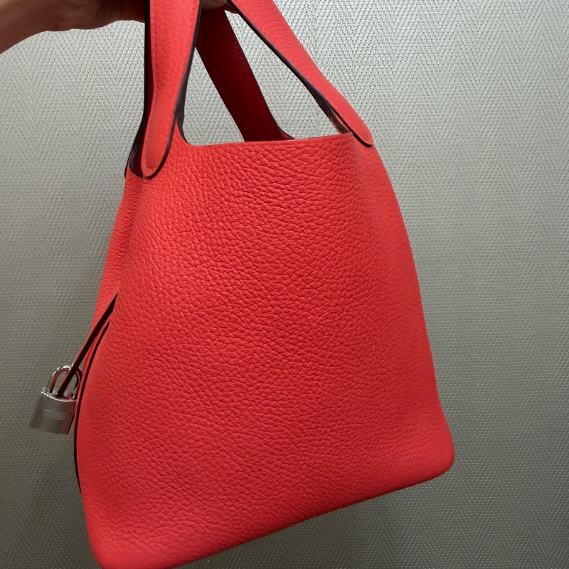 Hermes 0E德克薩斯粉Clemence皮拼5E硃砂紅Swift皮銀釦Picotin 18-2