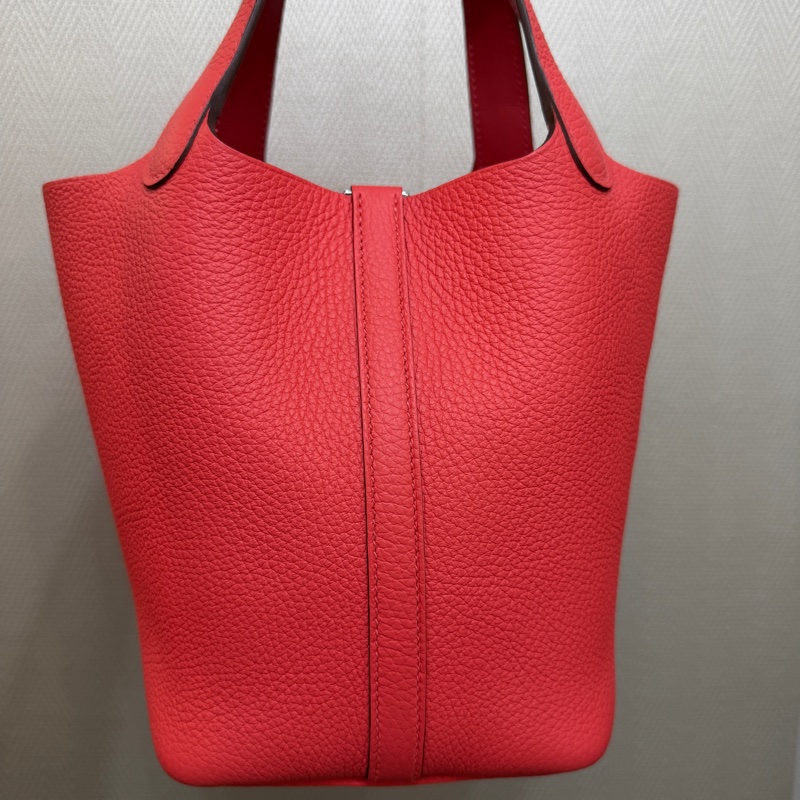 Hermes 0E德克薩斯粉Clemence皮拼5E硃砂紅Swift皮銀釦Picotin 18-4