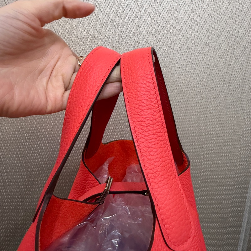 Hermes 0E德克薩斯粉Clemence皮拼5E硃砂紅Swift皮銀釦Picotin 18-5