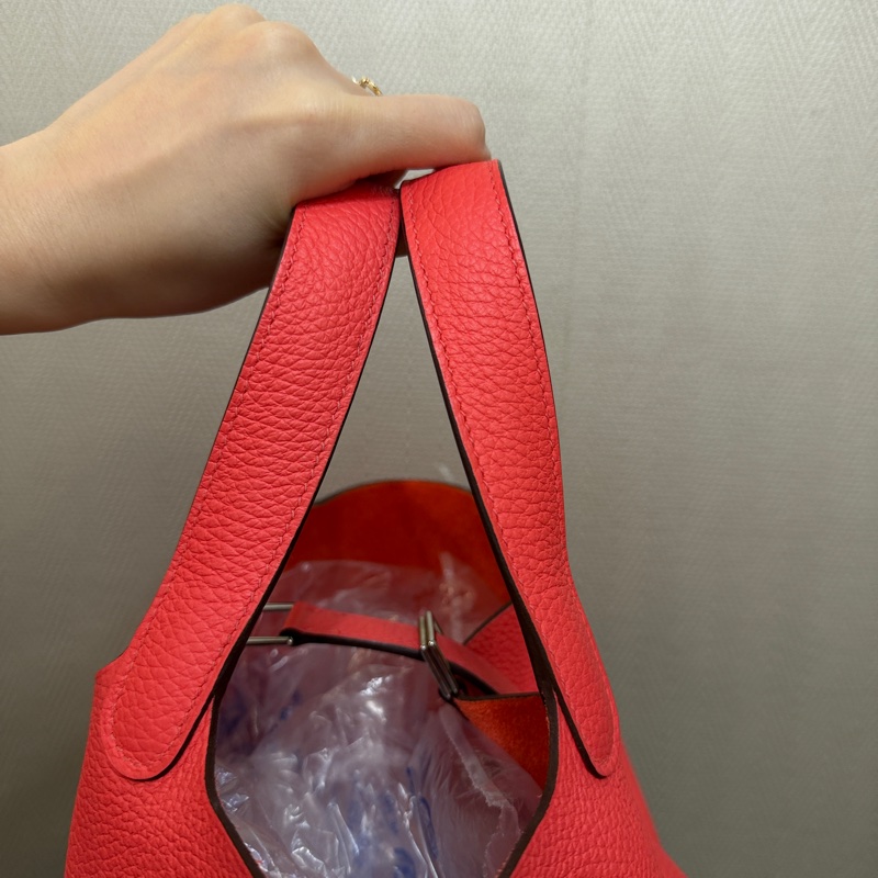 Hermes 0E德克薩斯粉Clemence皮拼5E硃砂紅Swift皮銀釦Picotin 18-6