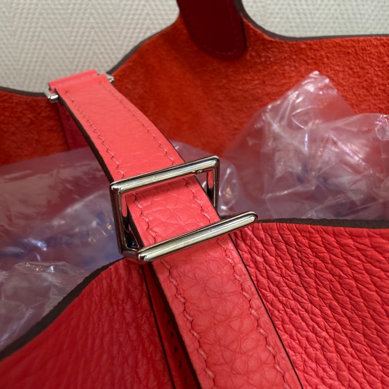 Hermes 0E德克薩斯粉Clemence皮拼5E硃砂紅Swift皮銀釦Picotin 18-12
