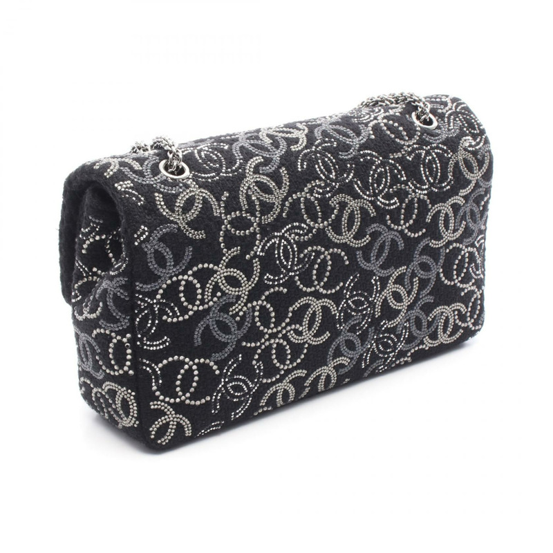 香奈兒 COCO Mark W 翻蓋鏈條肩背包，羊毛材質，黑色鑲鑽，二手-1