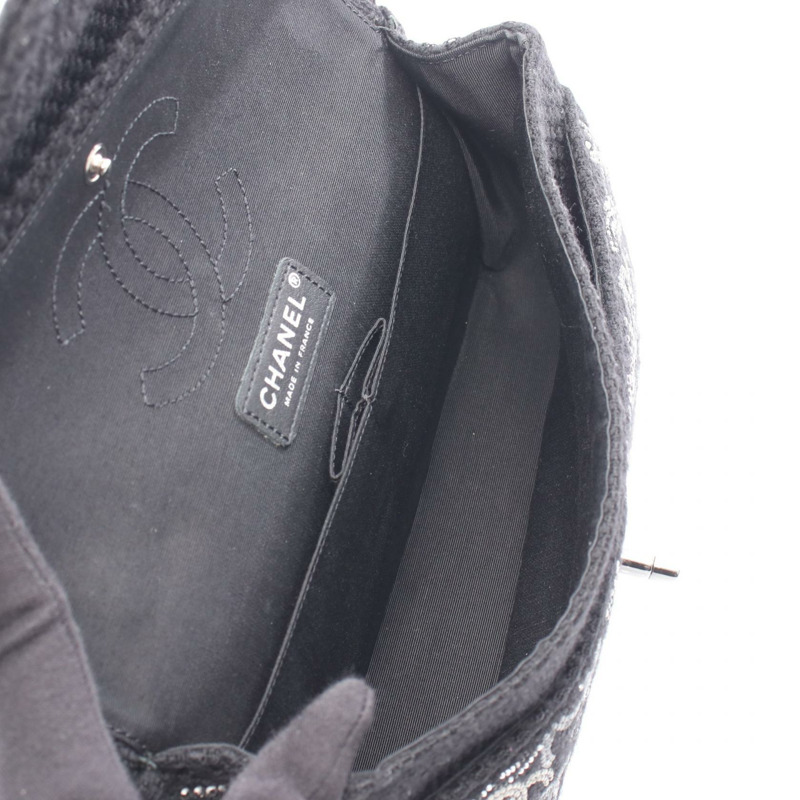 香奈兒 COCO Mark W 翻蓋鏈條肩背包，羊毛材質，黑色鑲鑽，二手-2