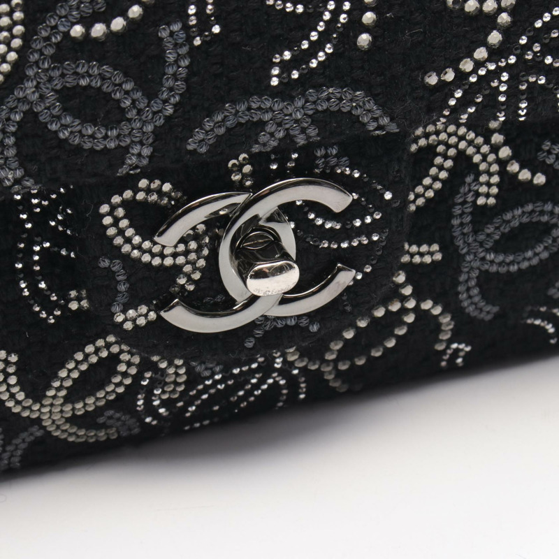 香奈兒 COCO Mark W 翻蓋鏈條肩背包，羊毛材質，黑色鑲鑽，二手-6