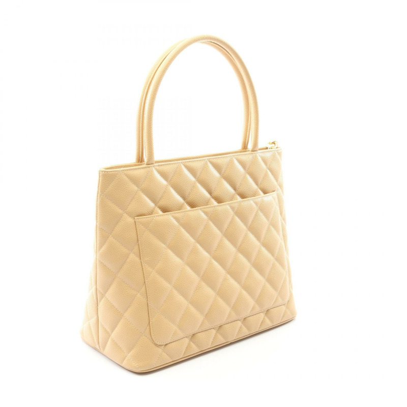 香奈兒 (CHANEL) Medallion 手提包，粒面小牛皮，米色，金色五金，二手，女士 CC-1