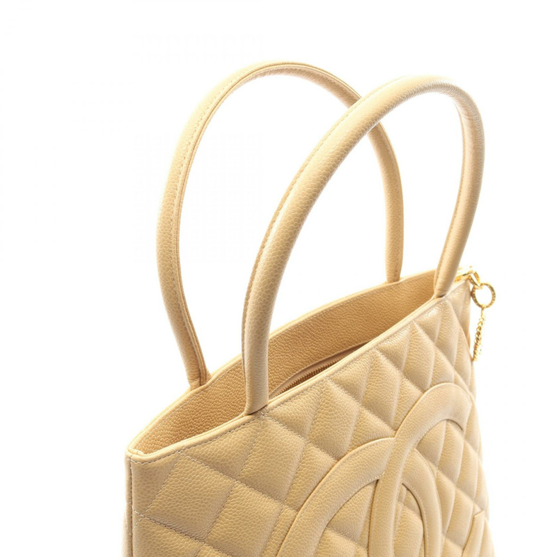 香奈兒 (CHANEL) Medallion 手提包，粒面小牛皮，米色，金色五金，二手，女士 CC-5