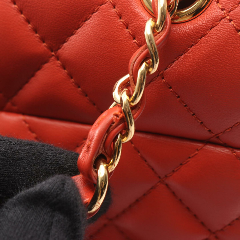 香奈兒 (CHANEL) 絎縫鏈條雙肩包，橘色皮革，金色五金，二手，女士，Coco CC-8