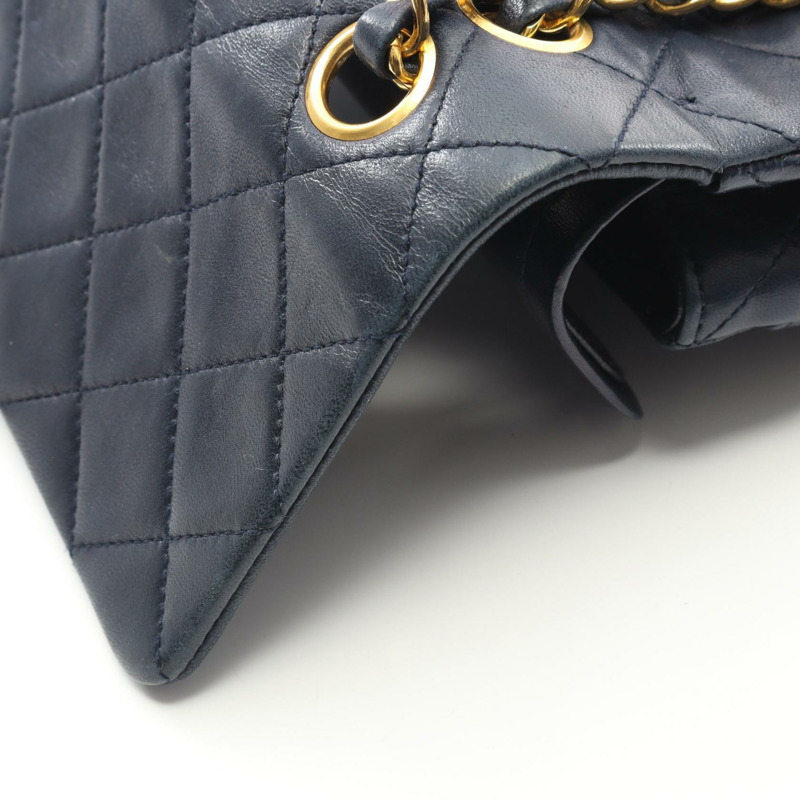 香奈兒 (CHANEL) 絎縫雙蓋鏈條肩背包，羊皮，海軍藍，金色五金，二手-7