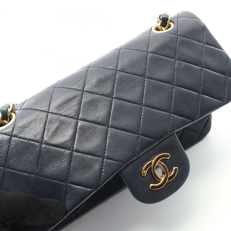 香奈兒 (CHANEL) 絎縫雙蓋鏈條肩背包，羊皮，海軍藍，金色五金，二手-11