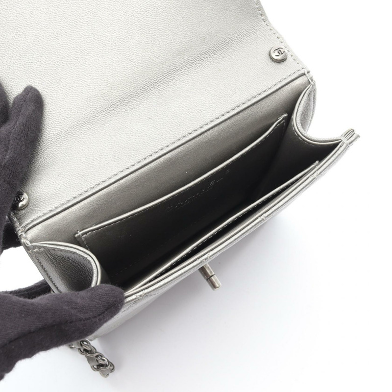 香奈兒 (CHANEL) 絎縫鏈條肩背斜背包，灰色皮革，SHW 五金，二手，女士 CC-2