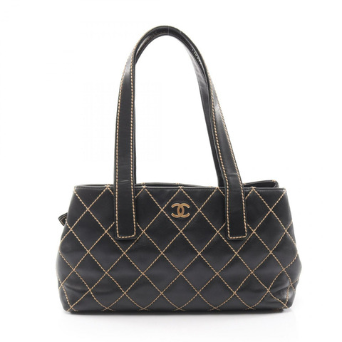 香奈兒 (CHANEL) 野性縫線肩背包，黑色皮革，二手，女士，金色五金，CC Coco標誌