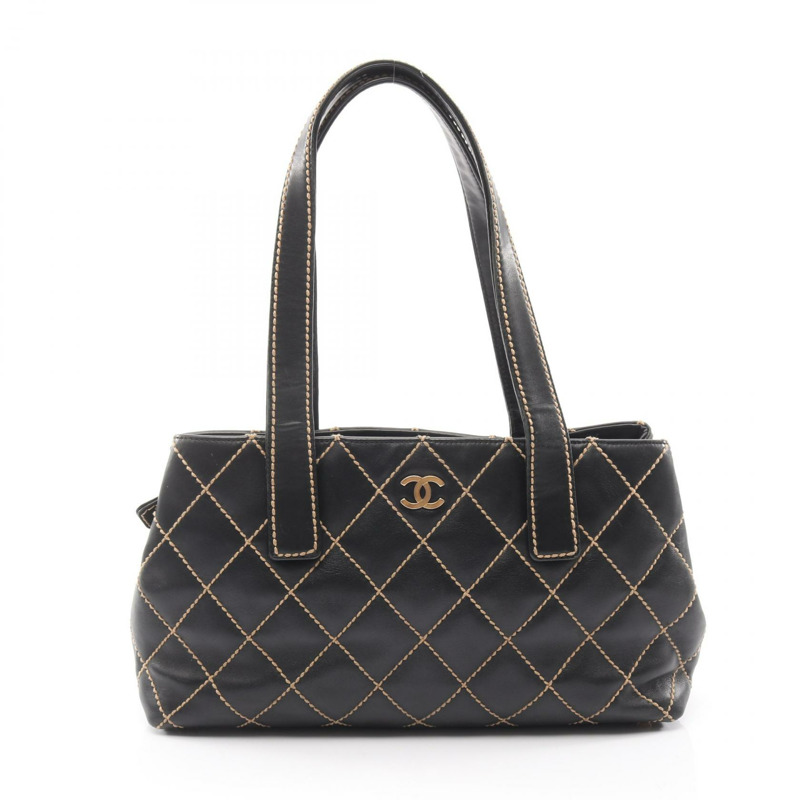 香奈兒 (CHANEL) 野性縫線肩背包，黑色皮革，二手，女士，金色五金，CC Coco標誌-0