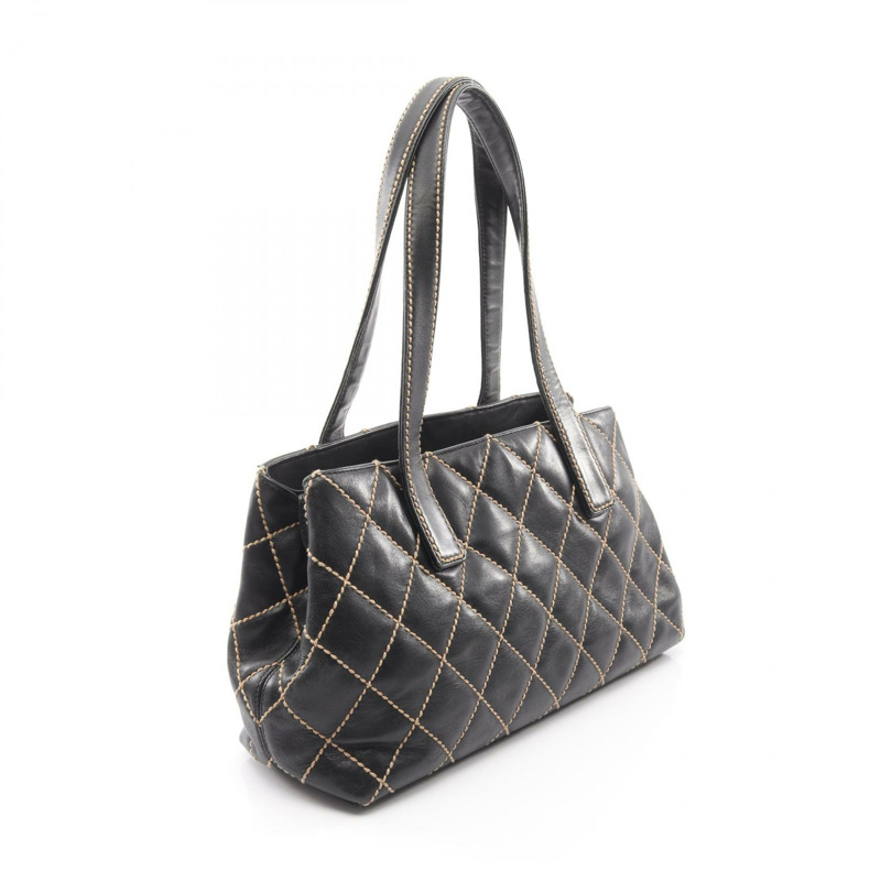 香奈兒 (CHANEL) 野性縫線肩背包，黑色皮革，二手，女士，金色五金，CC Coco標誌-1