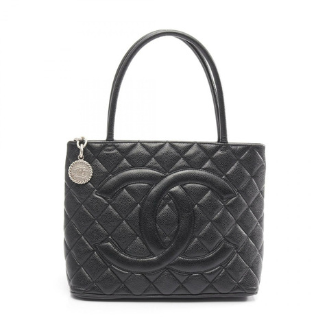 香奈兒 (CHANEL) Medallion 肩背手提包，黑色粒面小牛皮，二手，女士，帶 SHW CC 標誌