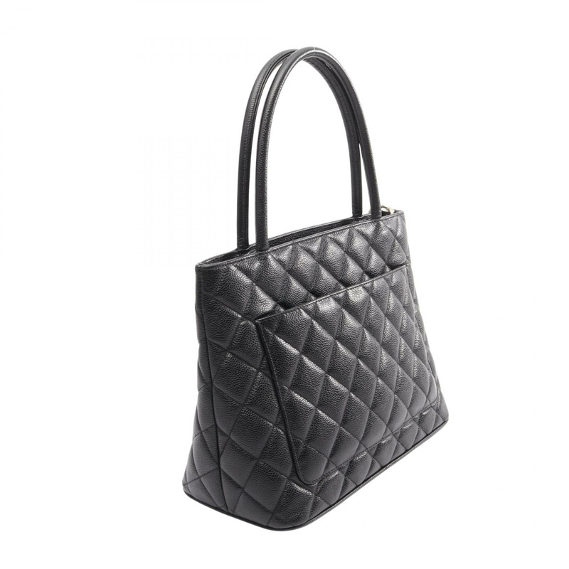 香奈兒 (CHANEL) Medallion 肩背手提包，黑色粒面小牛皮，二手，女士，帶 SHW CC 標誌-1