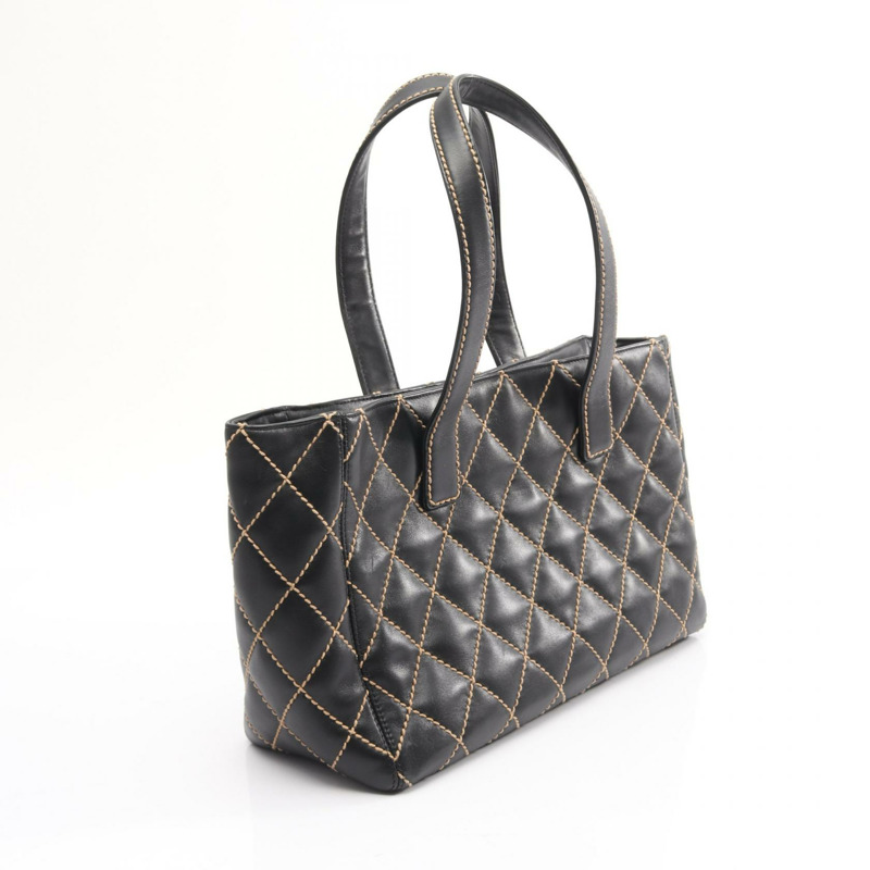 香奈兒 (CHANEL) 野性縫線托特單肩包，黑色皮革，金色五金，二手，女士 Coco CC-1
