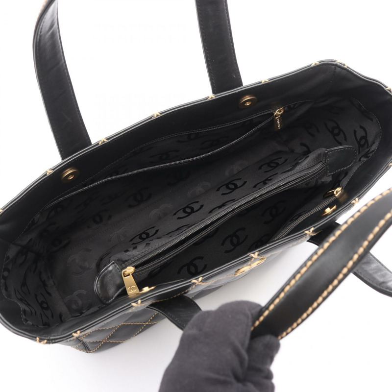 香奈兒 (CHANEL) 野性縫線托特單肩包，黑色皮革，金色五金，二手，女士 Coco CC-2
