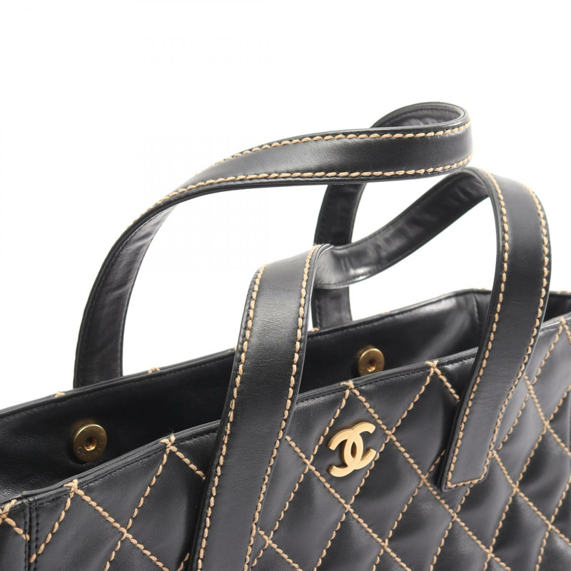 香奈兒 (CHANEL) 野性縫線托特單肩包，黑色皮革，金色五金，二手，女士 Coco CC-5