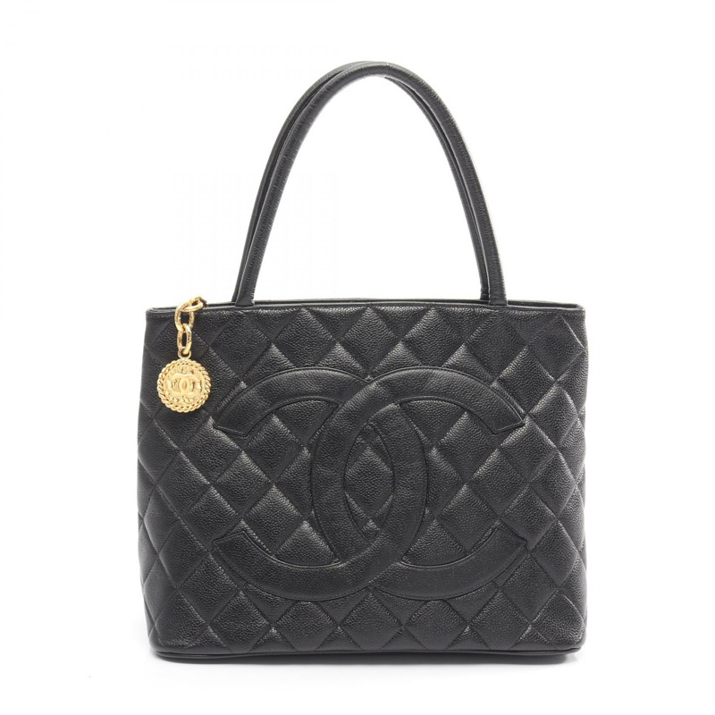 香奈兒 (CHANEL) Medallion 手提包，粒面小牛皮，黑色，二手，女士，金色五金，CC Coco-0